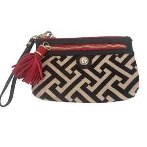 Spartina Wristlet Clutch with Tassel Beige Black Red Geometric Leather Linen Zip